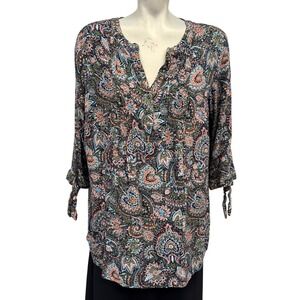 Westport Womens Multicolor Paisley‎ Print Rayon V-Neck Blouse Size 1X Tie Sleeve